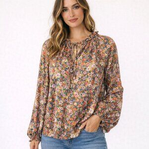 Anthropologie Melloday Multicolor Floral Tie Ruffle Long Sleeve Blouse Sz XL